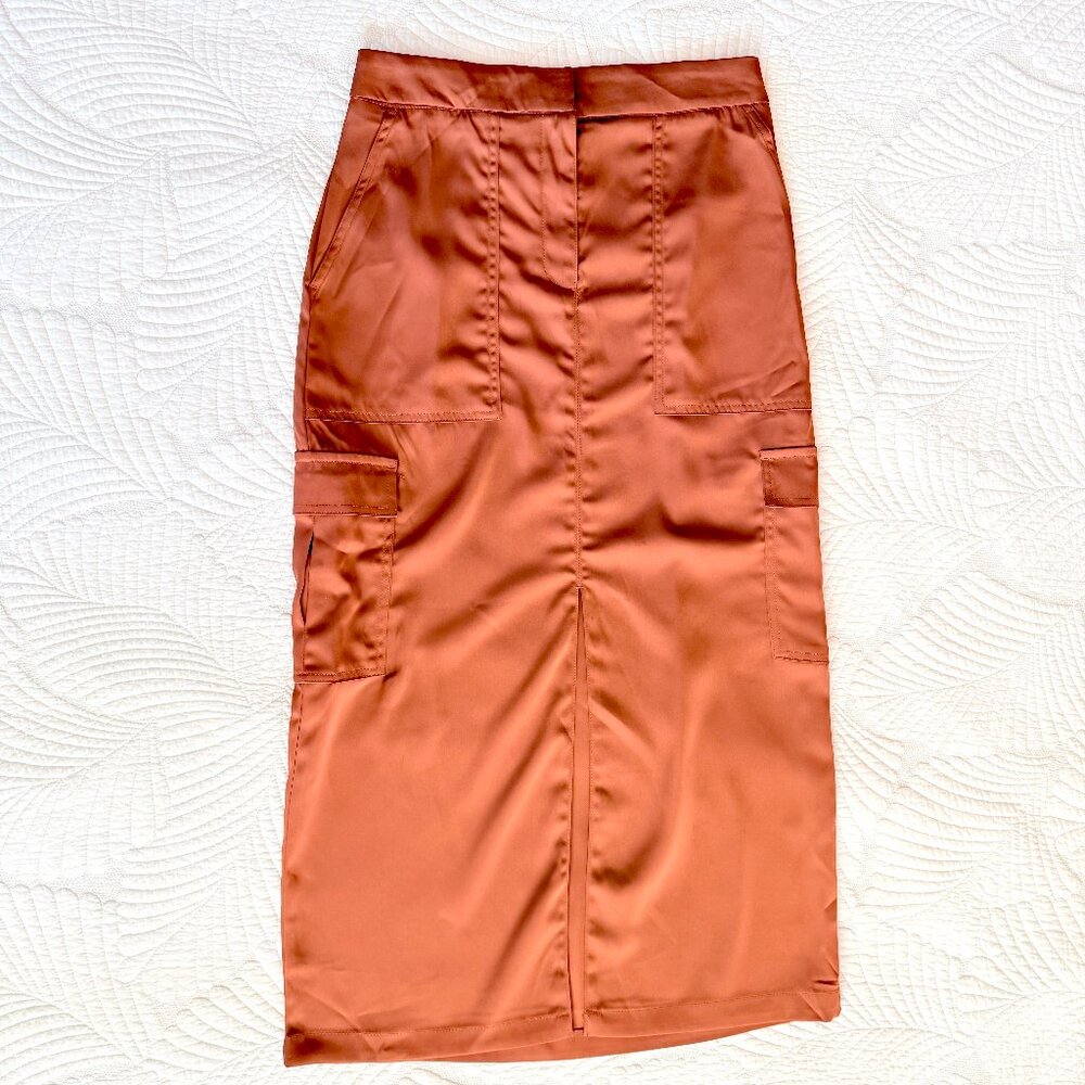House of Harlow Brown Satin Cargo Midi Skirt Size Small - Picture 11 of 16